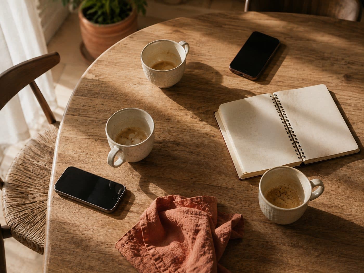 Mesa de madera con tres tazas de café a medias, dos móviles bocabajo y un cuaderno abierto