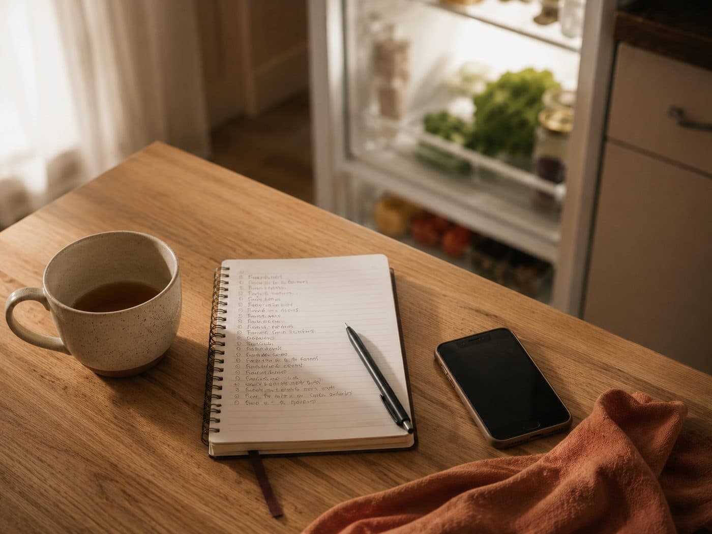 Mesa de cocina a media tarde con un cuaderno, un bolígrafo, un móvil bocabajo y una taza de té a medias